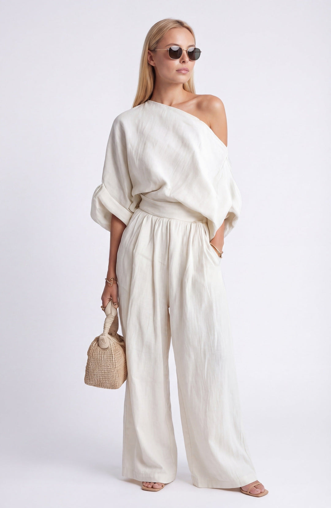 Anwen | Women's Two Piece Set Wide Leg Pants & Blouse - Cream - Image 2