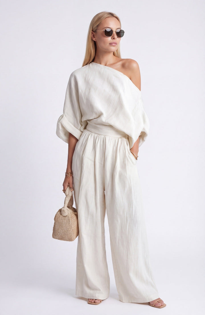 Anwen | Women's Two Piece Set Wide Leg Pants & Blouse - Cream - Image 2
