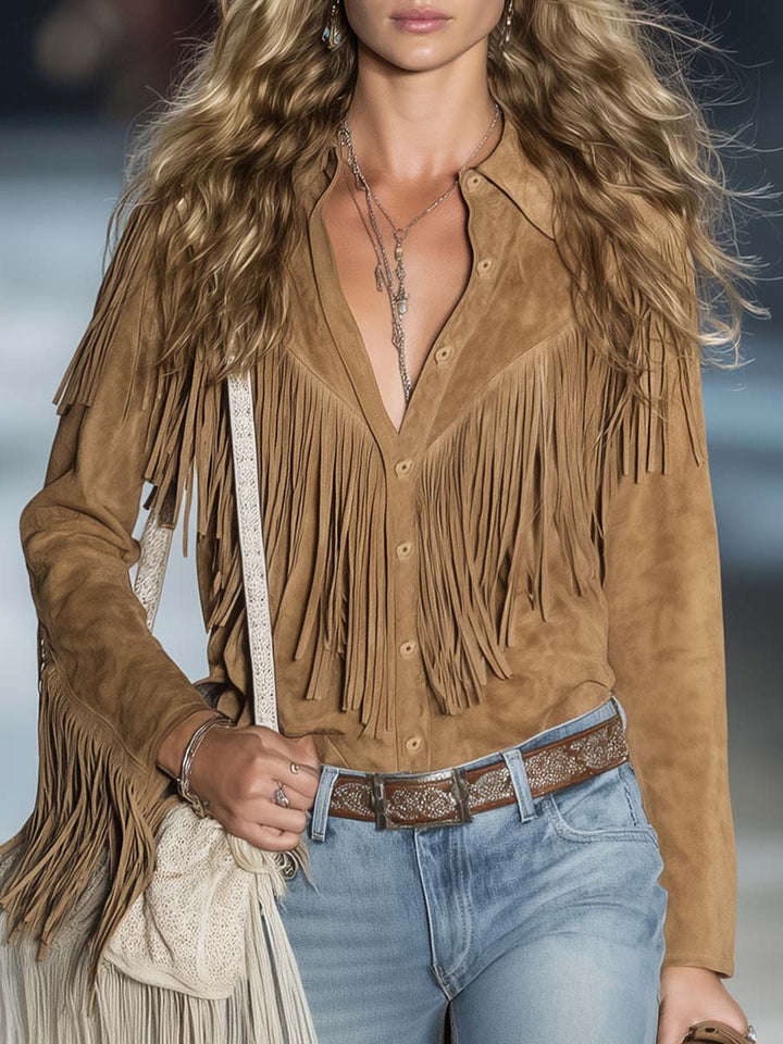 Aspen | Women's Fringe Western Long Sleeve Shirt - Brown - Image 1