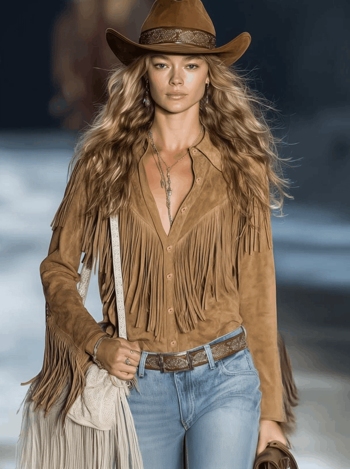 Aspen | Women's Fringe Western Long Sleeve Shirt - Brown - Image 2