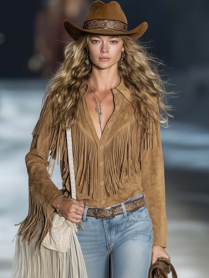 Aspen | Women's Fringe Western Long Sleeve Shirt - Brown - Image 3