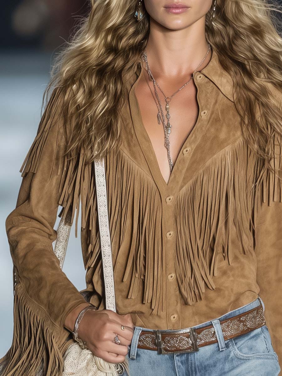 Aspen | Women's Fringe Western Long Sleeve Shirt - Brown - Image 4