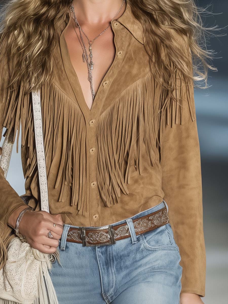 Aspen | Women's Fringe Western Long Sleeve Shirt - Brown - Image 5
