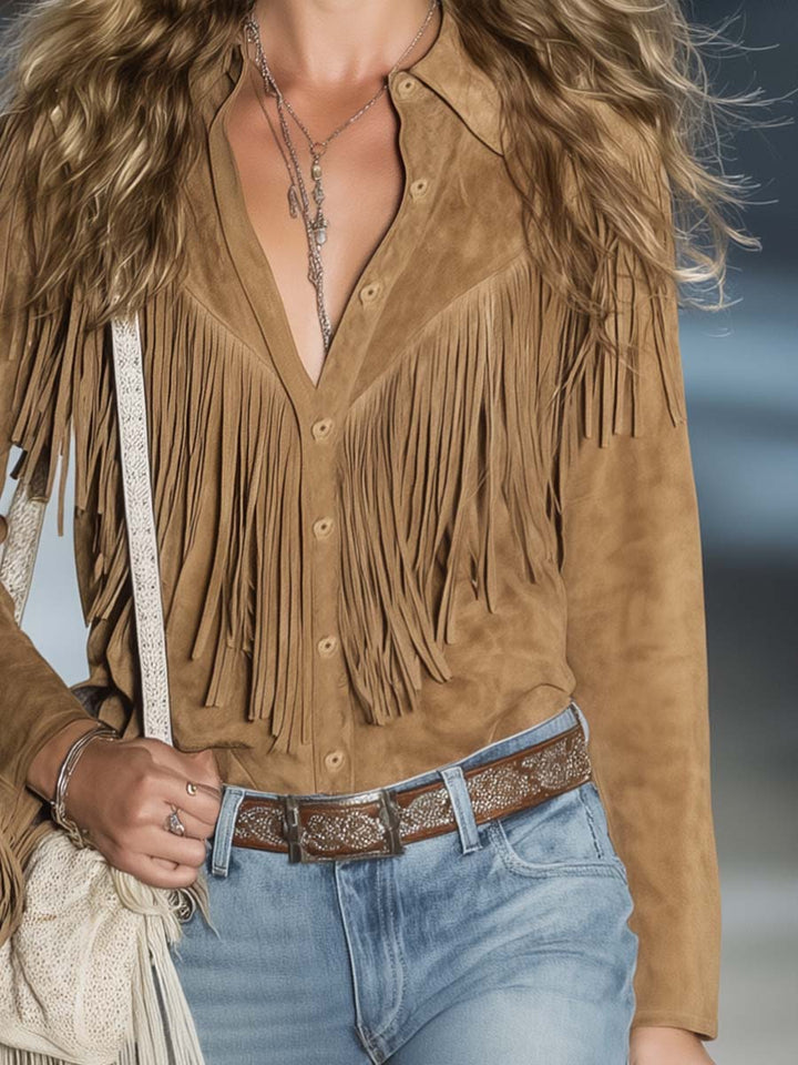 Aspen | Women's Fringe Western Long Sleeve Shirt - Brown - Image 5