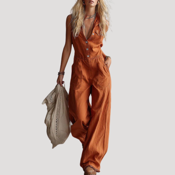 Aurelia | Women's Button Front Wide Leg Jumpsuit - Orange - Image 1