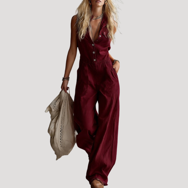 Aurelia | Women's Button Front Wide Leg Jumpsuit - Orange - Image 4