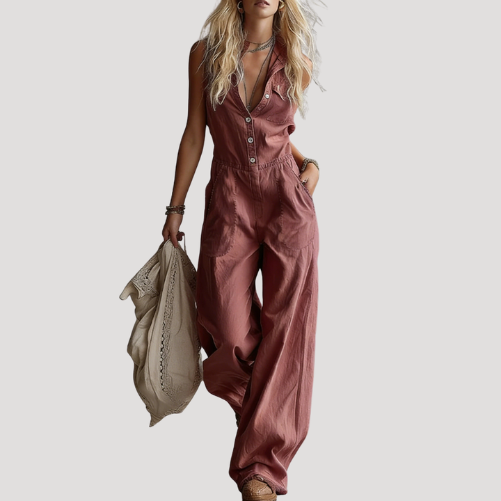 Aurelia | Women's Button Front Wide Leg Jumpsuit - Orange - Image 6