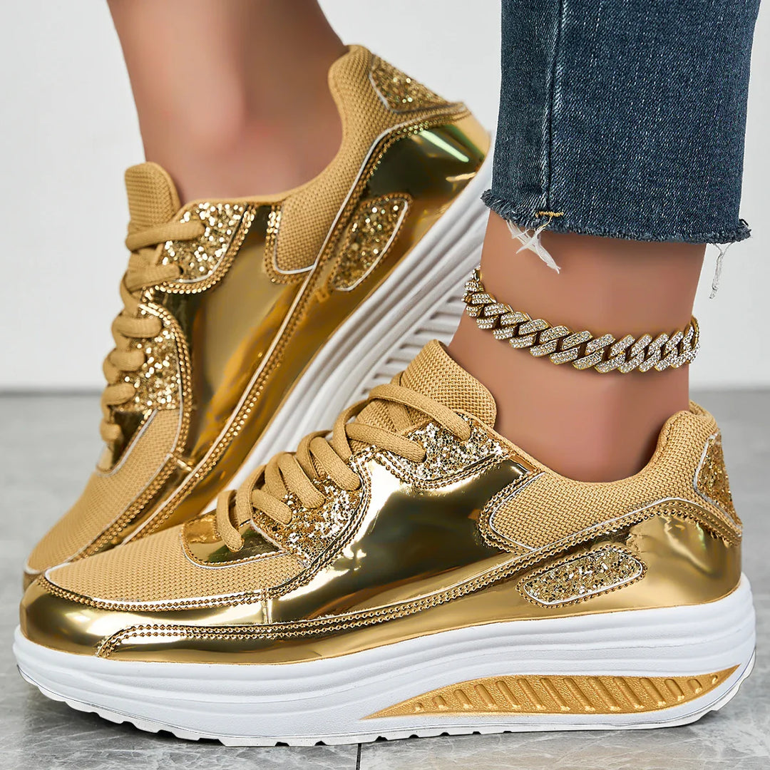 Aurelia | Women's Rhinestone Platform Sneakers - Gold - Image 1