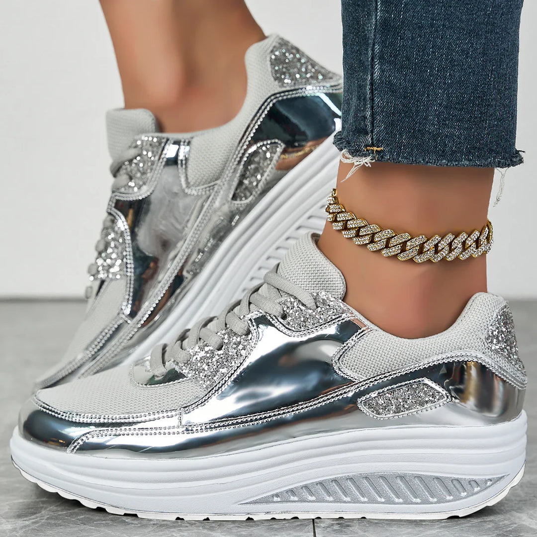 Aurelia | Women's Rhinestone Platform Sneakers - Gold - Image 3