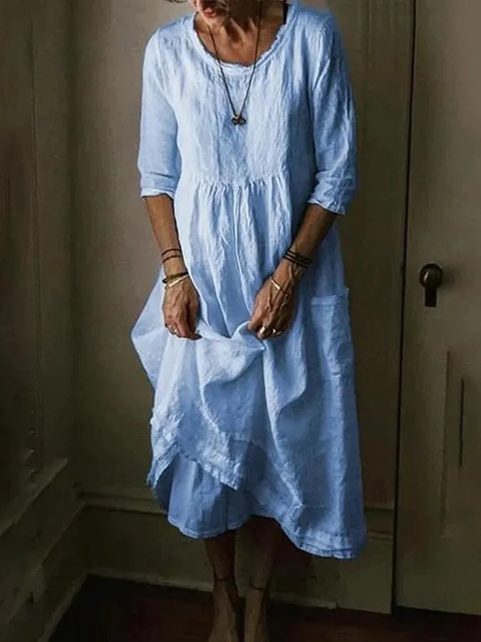 Aurinda | Women's Round Neck 3/4 Sleeve Midi Dress - Light Blue - Image 1