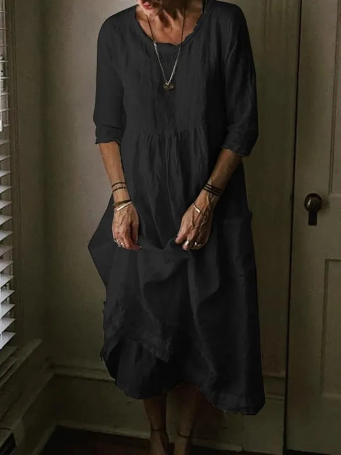 Aurinda | Women's Round Neck 3/4 Sleeve Midi Dress - Light Blue - Image 2