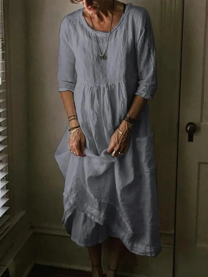 Aurinda | Women's Round Neck 3/4 Sleeve Midi Dress - Light Blue - Image 4