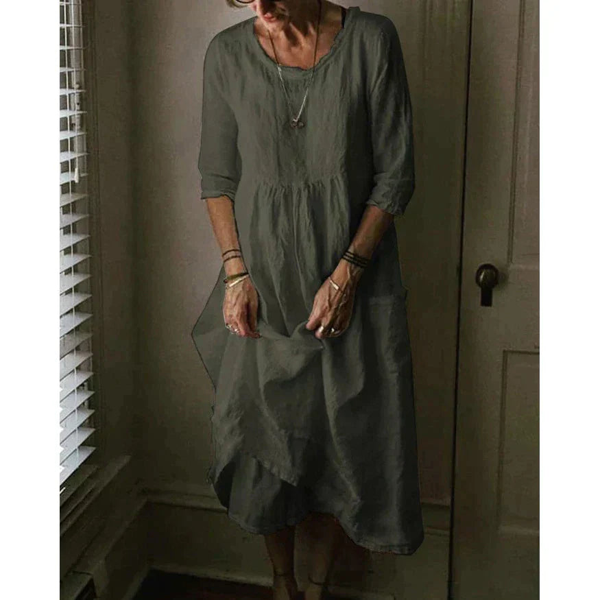 Aurinda | Women's Round Neck 3/4 Sleeve Midi Dress - Light Blue - Image 5