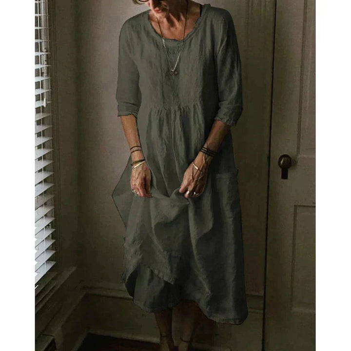Aurinda | Women's Round Neck 3/4 Sleeve Midi Dress - Light Blue - Image 5