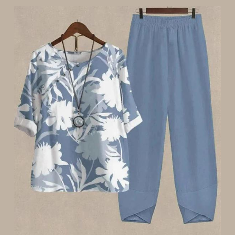 Aveline | Women's Butterfly Print 2-Piece Top & Pants Set - Navy - Image 7