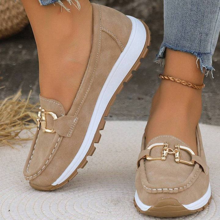 Azalea | Women's Gold Buckle Comfort Loafers - Beige - Image 1