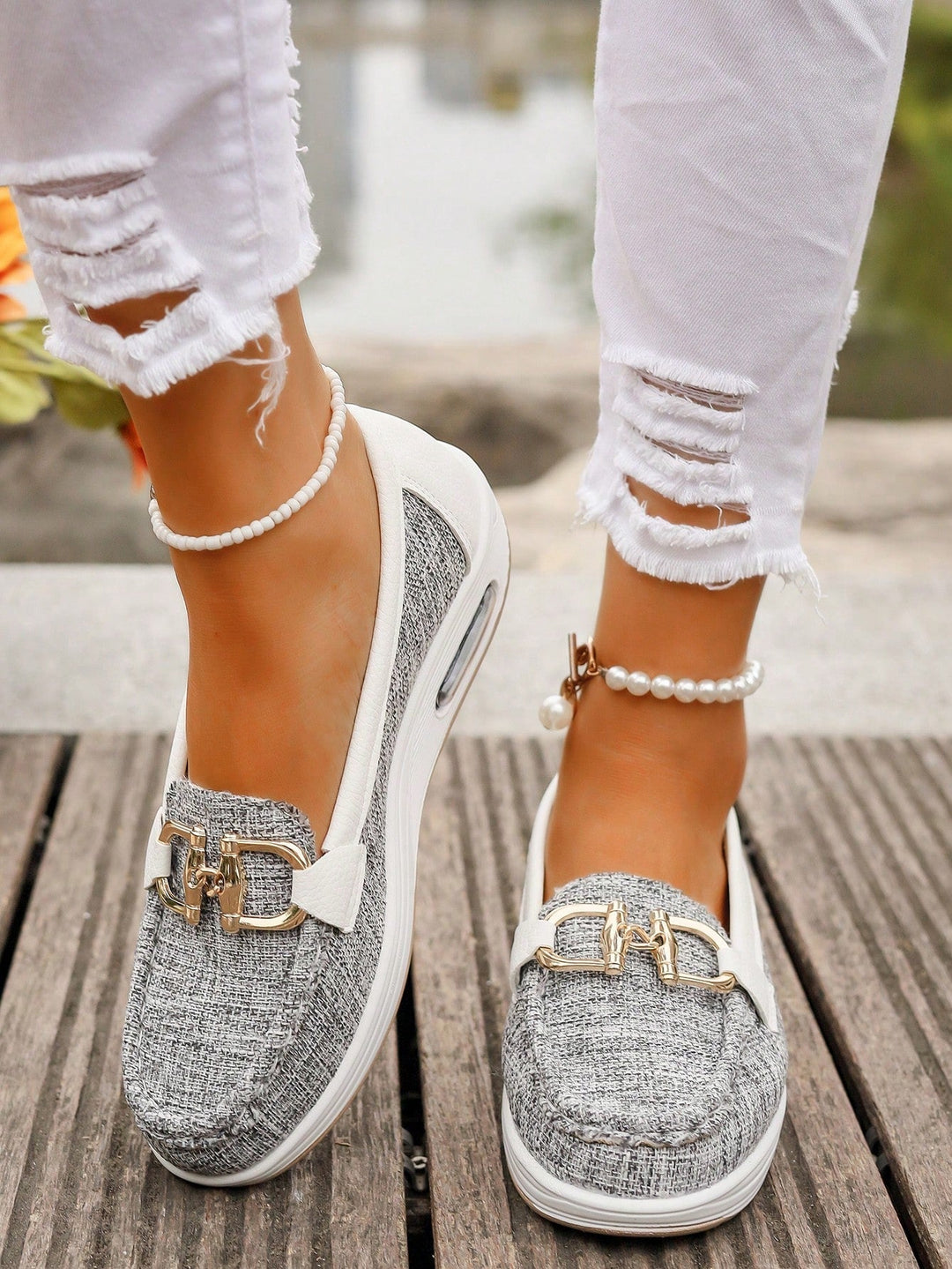 Azalea | Women's Gold Buckle Comfort Loafers - Beige - Image 10