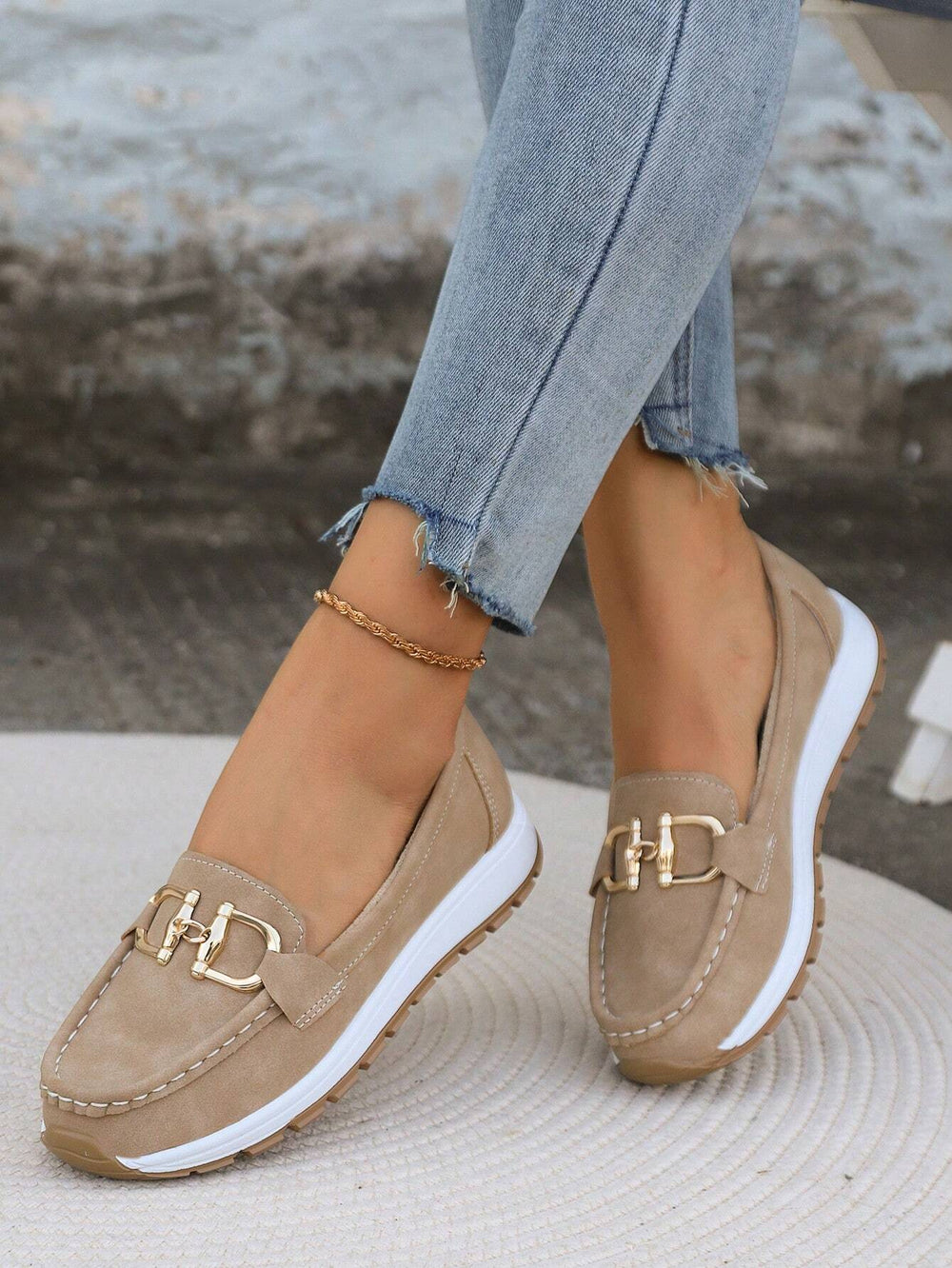 Azalea | Women's Gold Buckle Comfort Loafers - Beige - Image 2