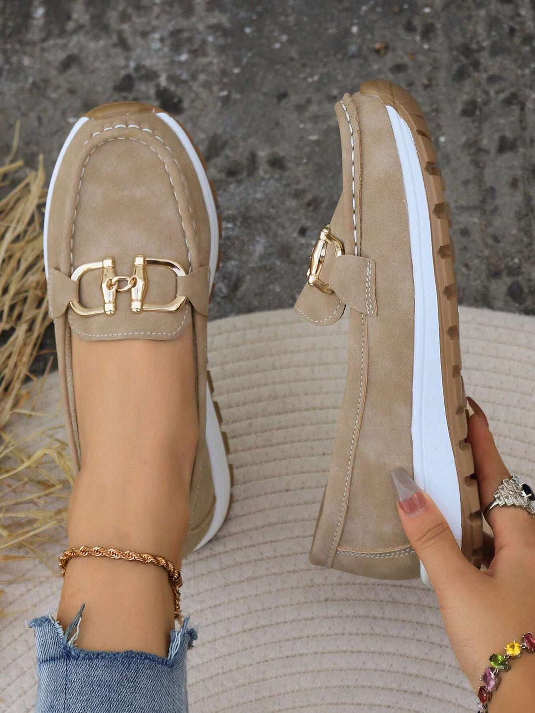 Azalea | Women's Gold Buckle Comfort Loafers - Beige - Image 5