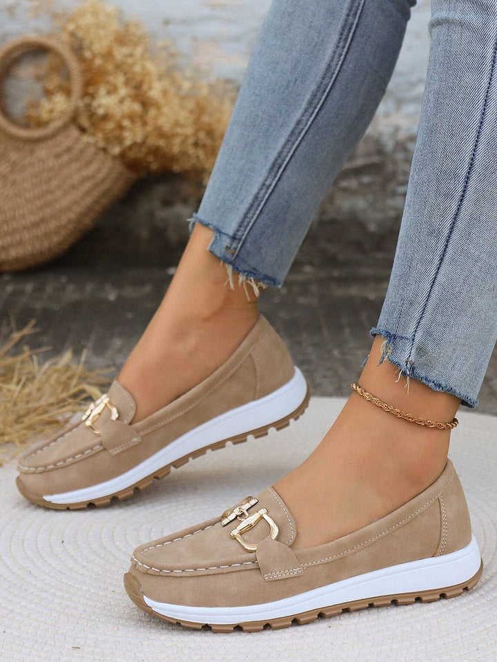 Azalea | Women's Gold Buckle Comfort Loafers - Beige - Image 6