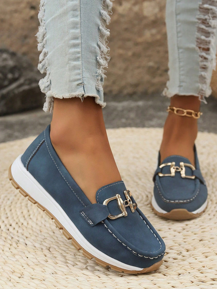 Azalea | Women's Gold Buckle Comfort Loafers - Beige - Image 9