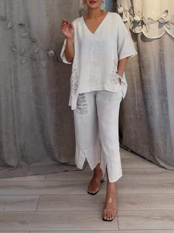 Pearl | Women's Casual 2 Piece Set V-Neck Top and Cropped Pants