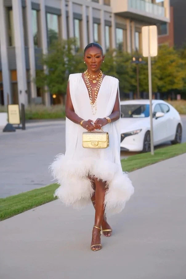 Arabella™ | Elegant Sleeveless Feather Hem Midi Dress