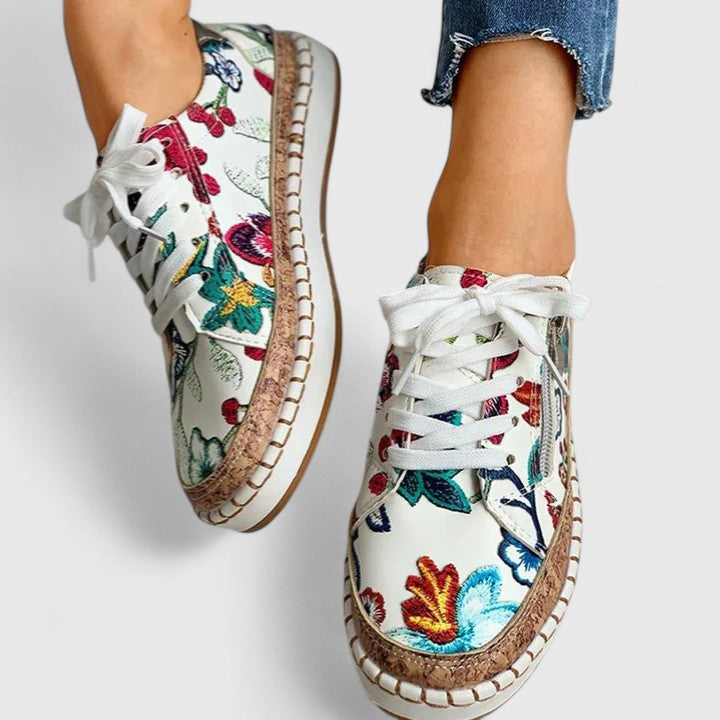 Dahlia | Women's Floral Print Platform Lace-Up Sneakers with Cork Sole