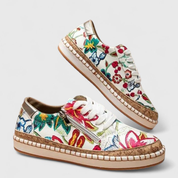 Dahlia | Women's Floral Print Platform Lace-Up Sneakers with Cork Sole