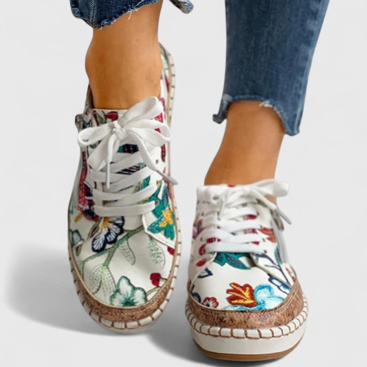 Dahlia | Women's Floral Print Platform Lace-Up Sneakers with Cork Sole