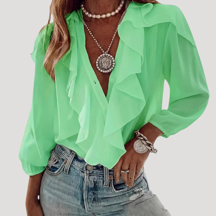 Beatrice | Women's Ruffle Front V-Neck Long Sleeve Blouse - White - Image 3