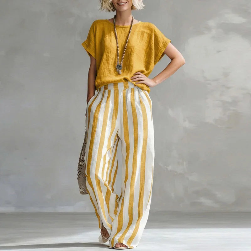 Beatrice | Women's Striped Wide Leg Two Piece Set - Yellow - Image 1
