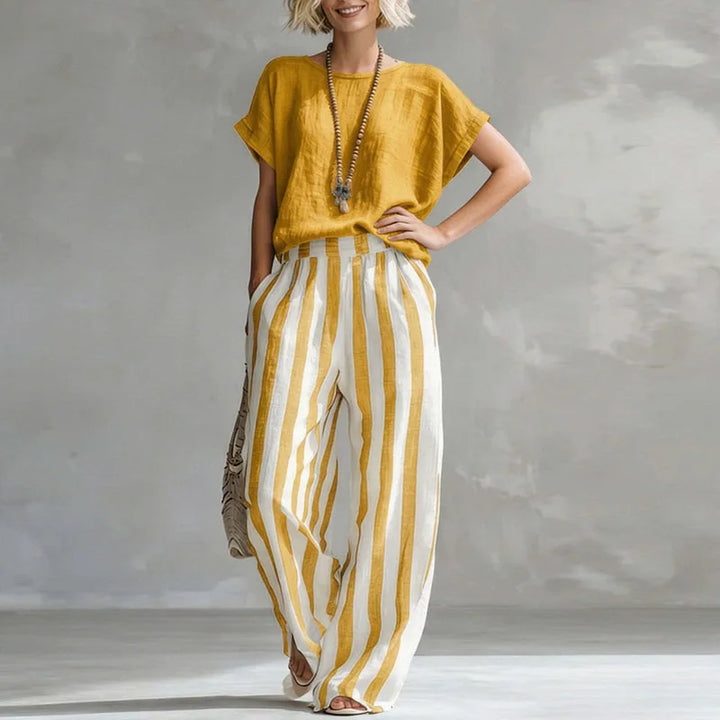 Beatrice | Women's Striped Wide Leg Two Piece Set - Yellow - Image 1