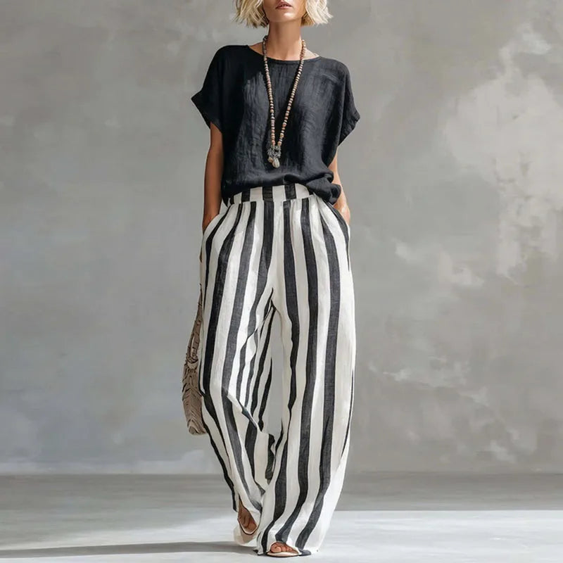 Beatrice | Women's Striped Wide Leg Two Piece Set - Yellow - Image 2