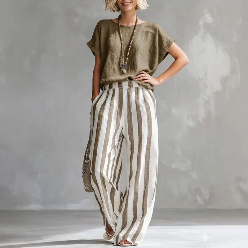 Beatrice | Women's Striped Wide Leg Two Piece Set - Yellow - Image 3