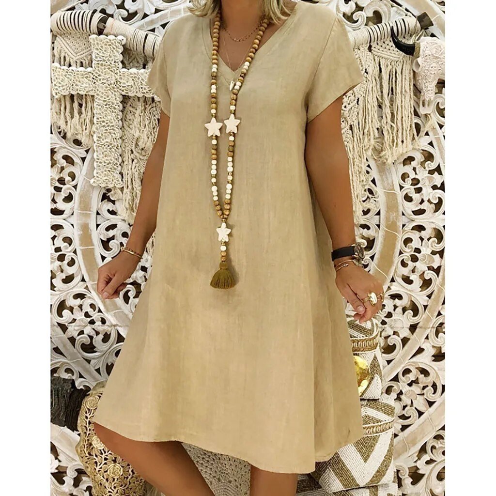 Beatrice | Women's V-Neck Short Sleeve Mini Dress - Beige - Image 1