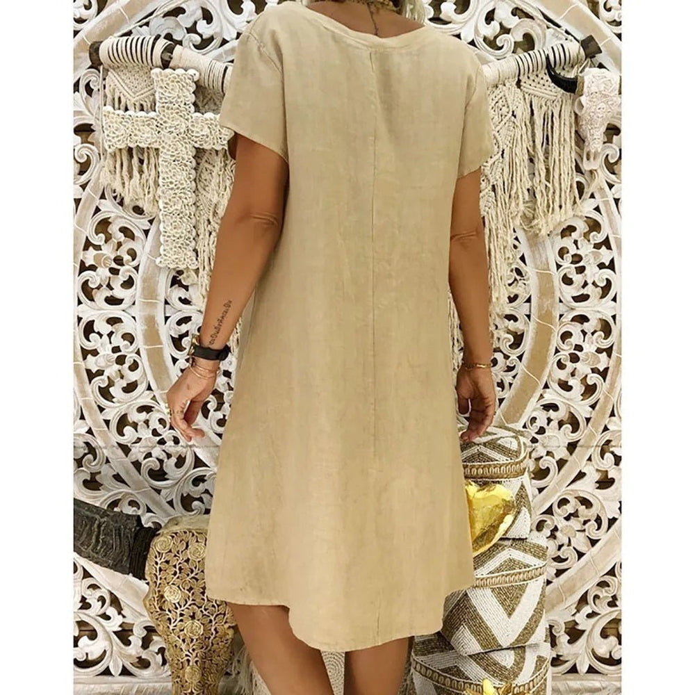 Beatrice | Women's V-Neck Short Sleeve Mini Dress - Beige - Image 2