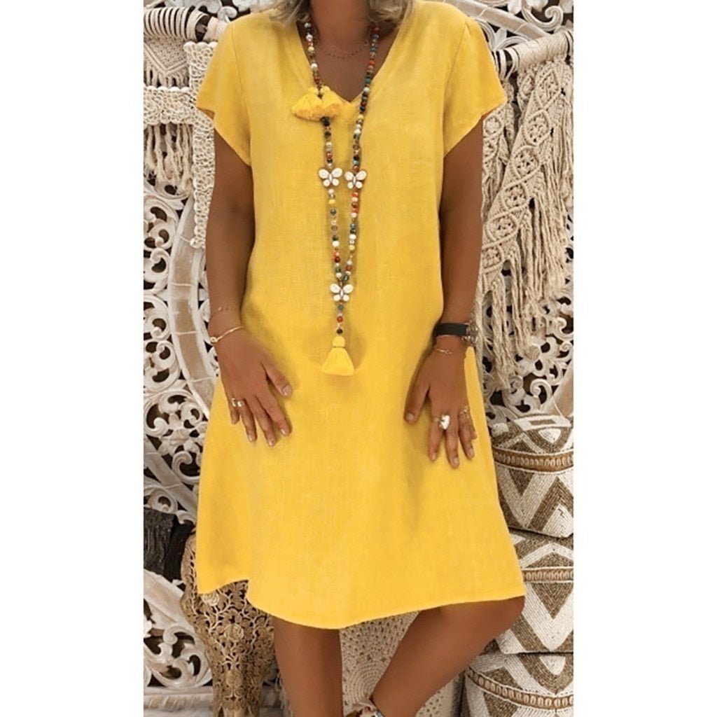 Beatrice | Women's V-Neck Short Sleeve Mini Dress - Beige - Image 4