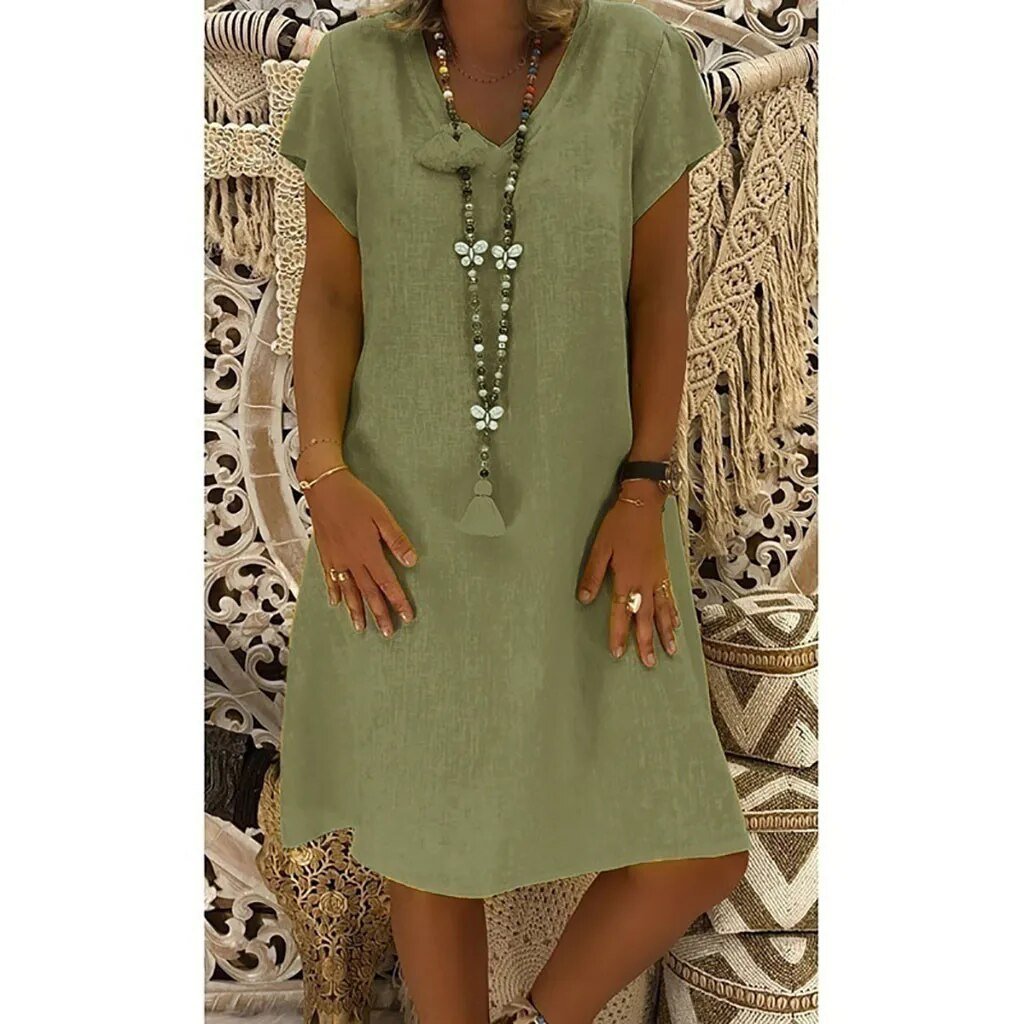 Beatrice | Women's V-Neck Short Sleeve Mini Dress - Beige - Image 6