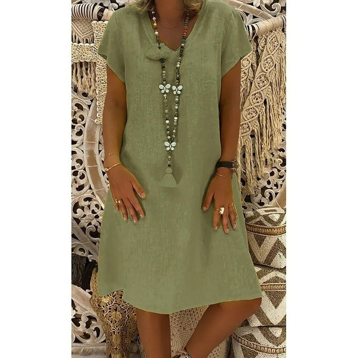 Beatrice | Women's V-Neck Short Sleeve Mini Dress - Beige - Image 6