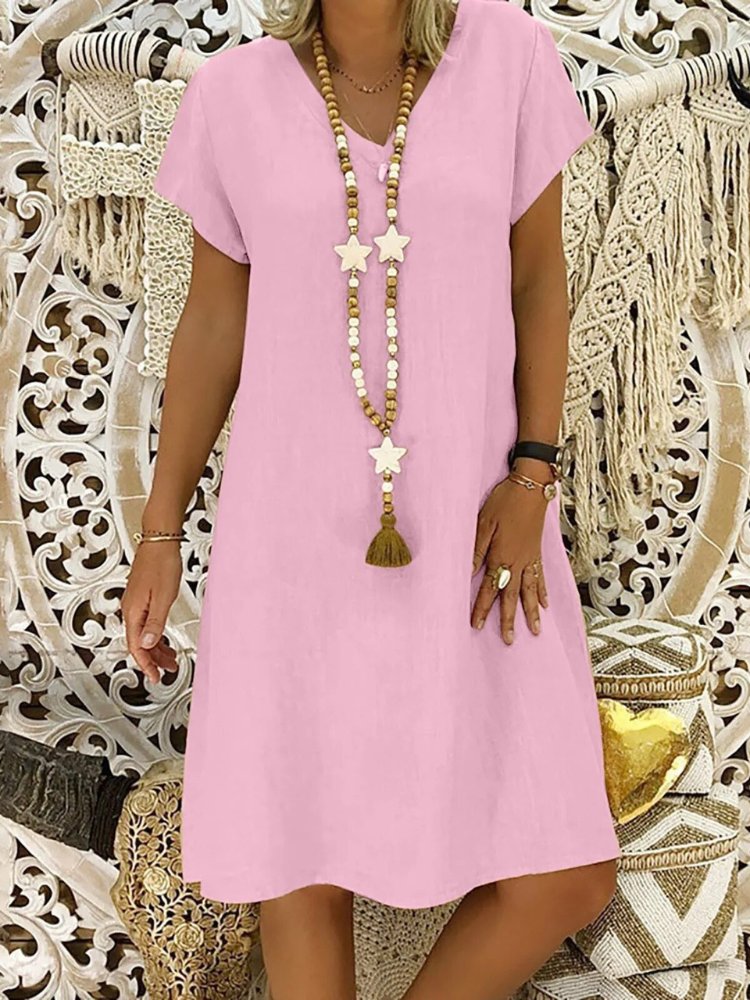 Beatrice | Women's V-Neck Short Sleeve Mini Dress - Beige - Image 7