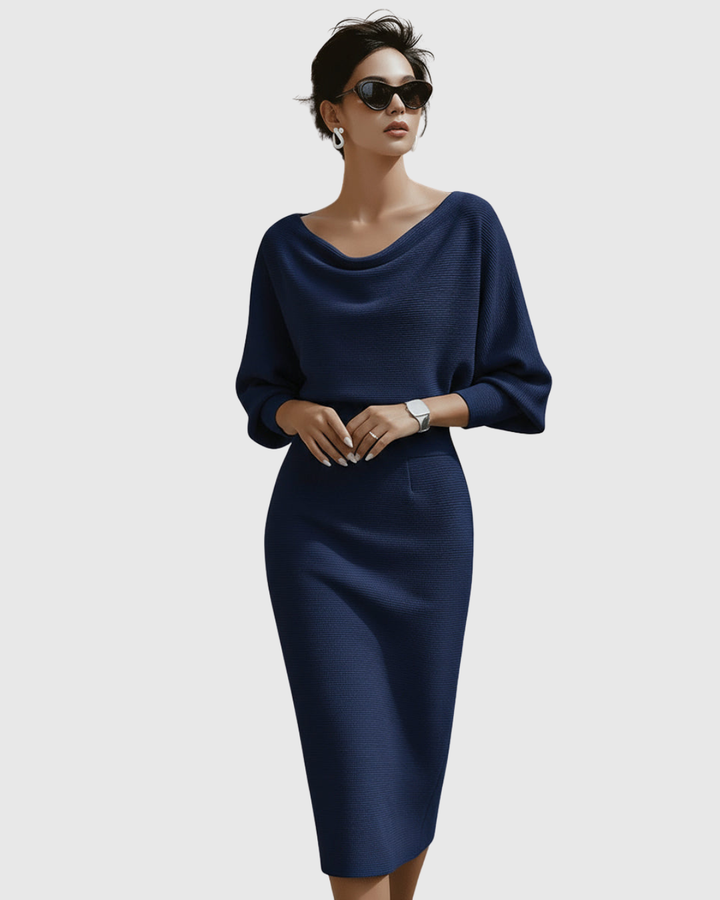 Beatrix | Women's Cowl Neck Long Sleeve Midi Dress - Navy - Image 1