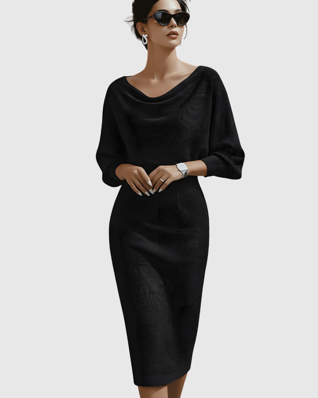 Beatrix | Women's Cowl Neck Long Sleeve Midi Dress - Navy - Image 2