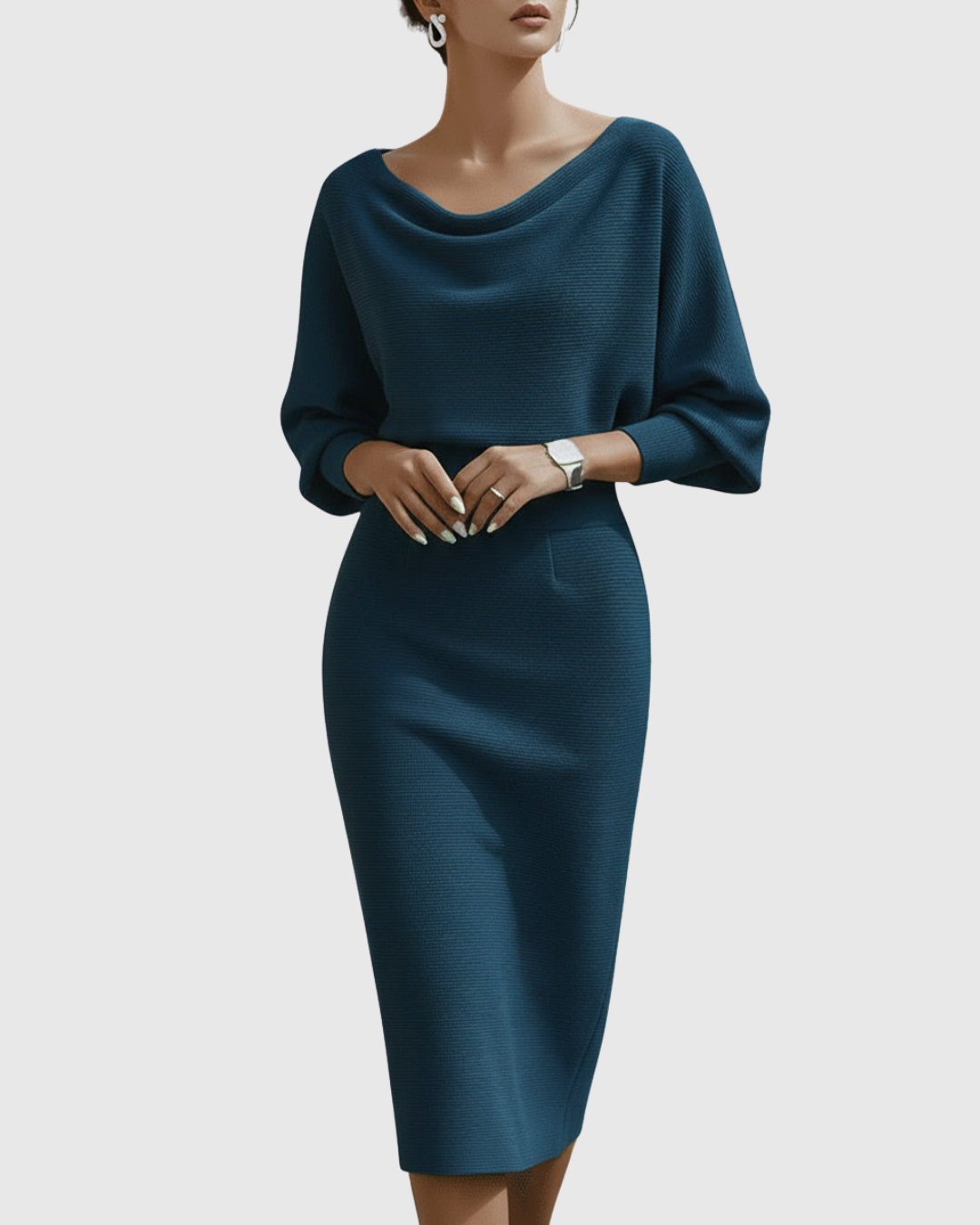 Beatrix | Women's Cowl Neck Long Sleeve Midi Dress - Navy - Image 6