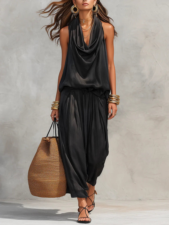 Bianca | Women's Cowl Neck Halter Two Piece Set - Black - Image 1
