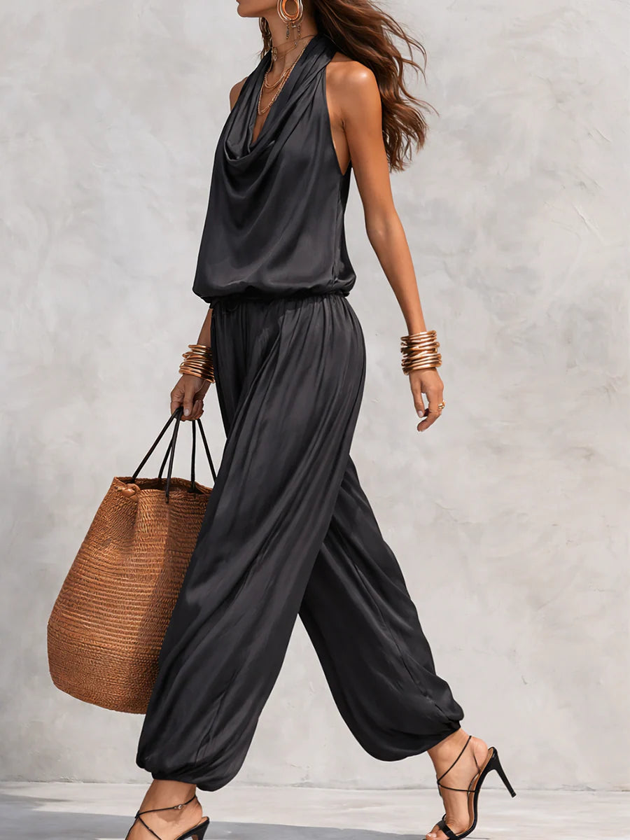Bianca | Women's Cowl Neck Halter Two Piece Set - Black - Image 3