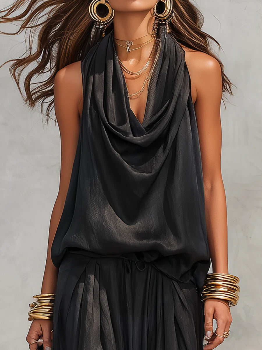 Bianca | Women's Cowl Neck Halter Two Piece Set - Black - Image 4