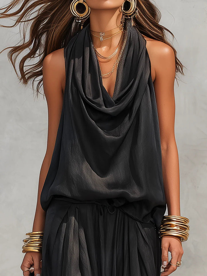 Bianca | Women's Cowl Neck Halter Two Piece Set - Black - Image 4