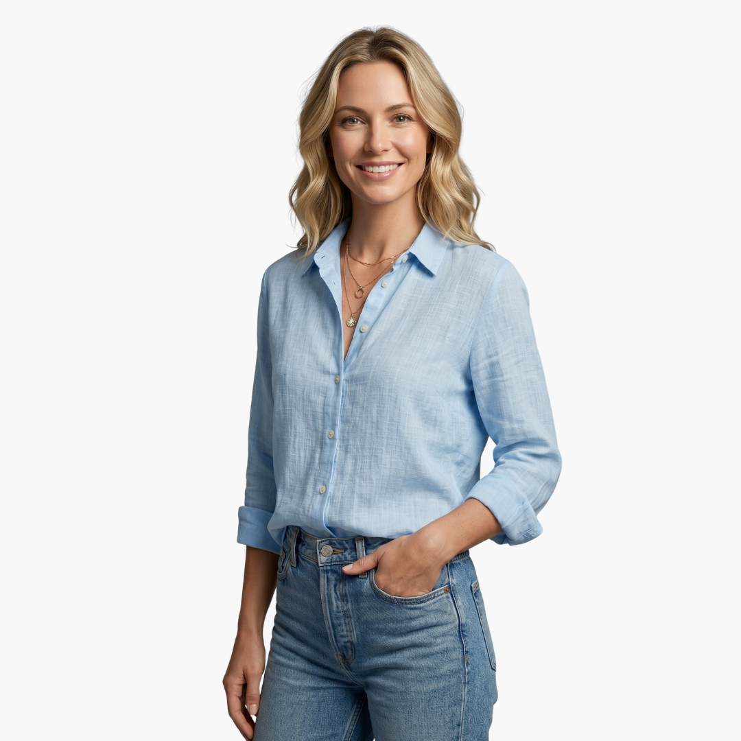 Bianca | Women's Long Sleeve Button Down Shirt - Light Blue - Image 3