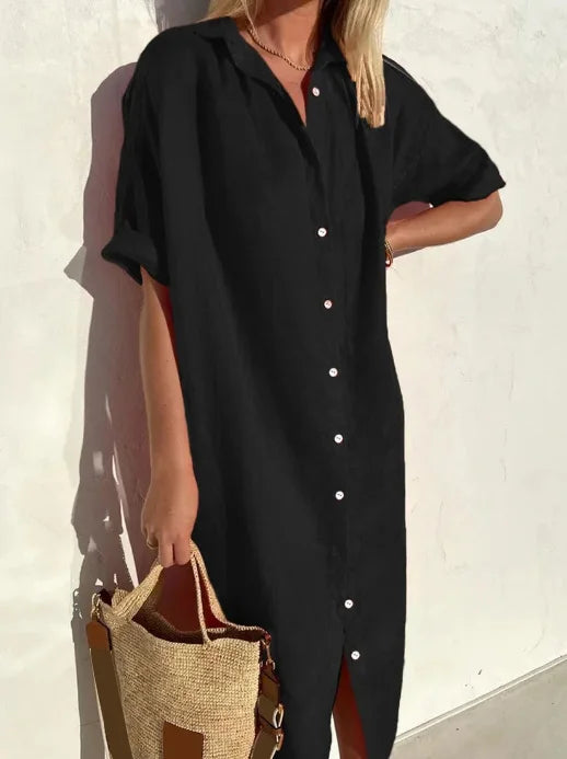 Blythe | Women's Collared Short Sleeve Midi Shirt Dress - Black - Image 1